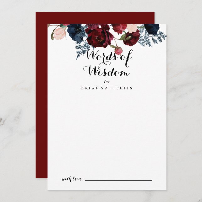 Burgundy Pink Navy Floral Wedding Words of Wisdom  Advice Card (Front/Back)