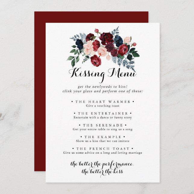Burgundy Pink Navy Wedding Kissing Menu Game Card (Front/Back)