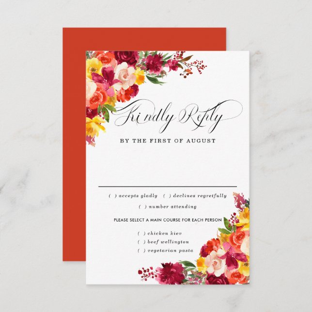 Burgundy Pink Oran Wedding RSVP Card, Meal Options (Front/Back)