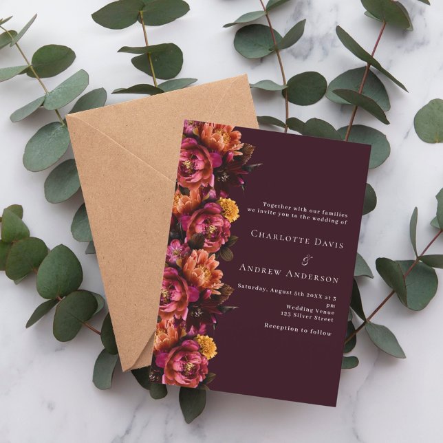 Burgundy pink orange moody wedding invitation (Creator Uploaded)