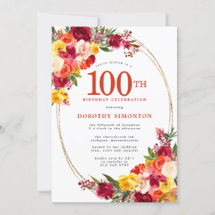 Burgundy Pink Orange Yellow Floral 100th Birthday Invitation