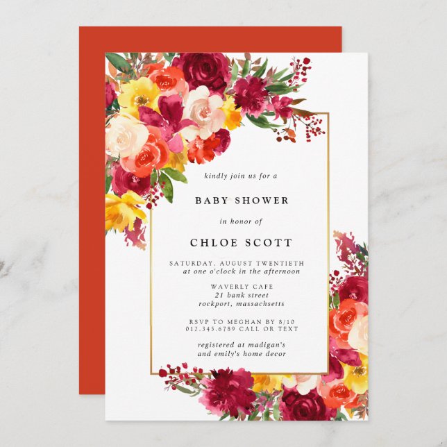 Burgundy Pink Orange Yellow Floral Baby Shower Invitation (Front/Back)