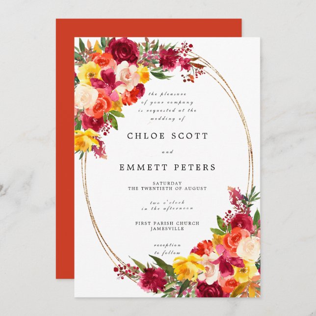 Burgundy Pink Orange Yellow Floral Wedding Invitation (Front/Back)