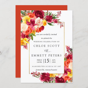Burgundy Pink Orange Yellow Floral Wedding Invitation