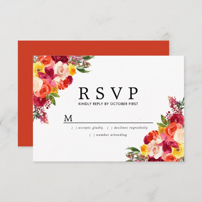 Burgundy Pink Orange Yellow Floral Wedding RSVP Card (Front/Back)