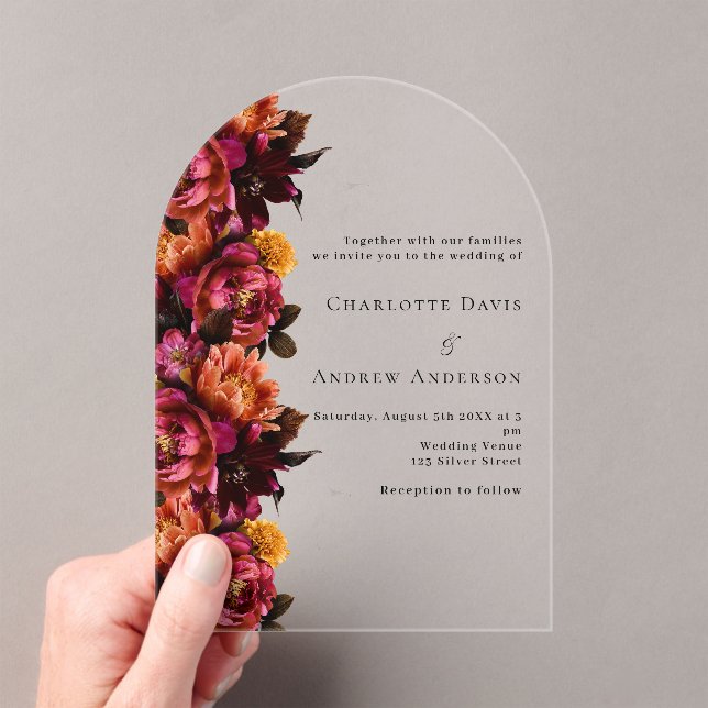 Burgundy pink peach floral arch wedding acrylic invitations (Insitu (Handheld))