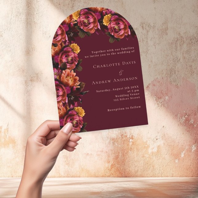 Burgundy pink peach floral arch wedding invitation (Creator Uploaded)