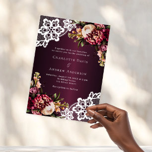 Burgundy pink peach floral lace wedding acrylic invitations