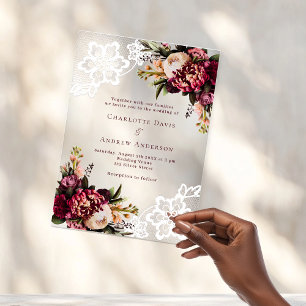Burgundy pink peach floral lace wedding acrylic invitations