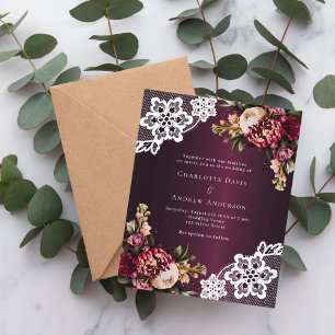 Burgundy pink peach floral lace wedding invitation