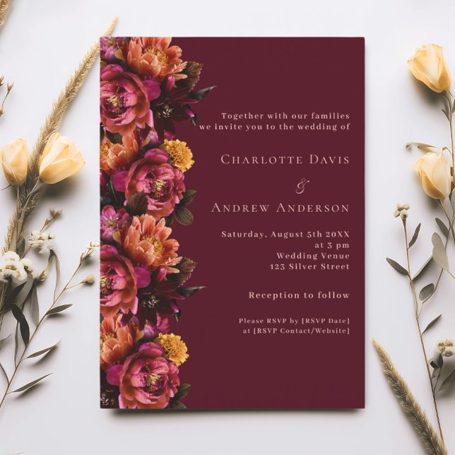 Burgundy pink peach floral wedding RSVP Invitation (Creator Uploaded)