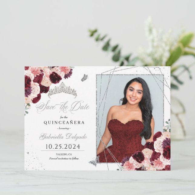 Burgundy Pink Photo Card Quinceañera Save The Date (Standing Front)
