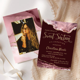 Burgundy Pink Purple Gold Agate Sweet 16 Photo Invitation