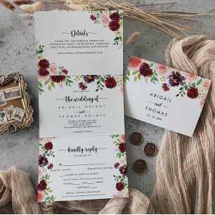 Burgundy Pink Purple Spring Floral Wedding of Tri-Fold Invitation