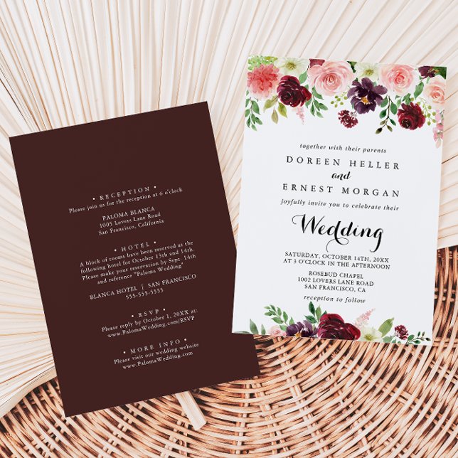 Burgundy Pink Purple Spring Front & Back Wedding Invitation (Creator Uploaded)