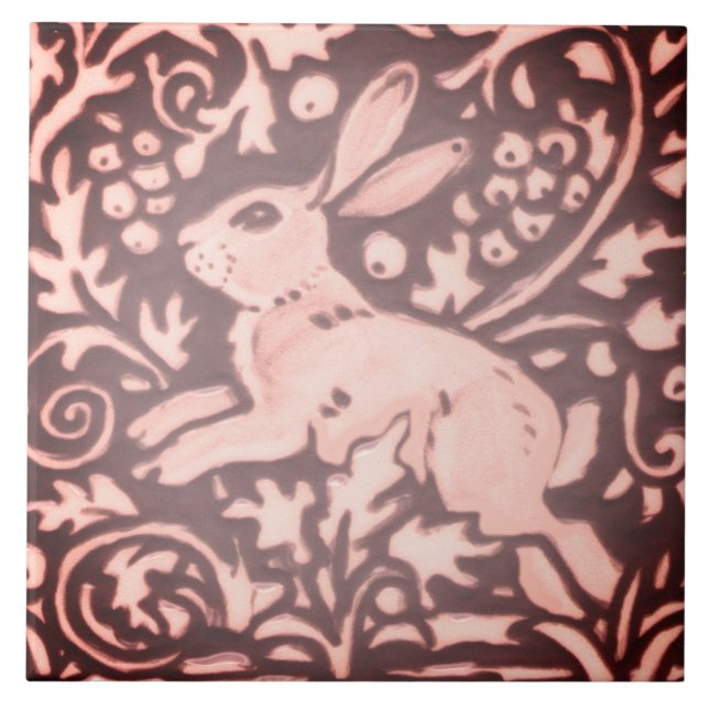 Burgundy Pink Rabbit Floral Foliage Woodland Decor Ceramic Tile (Front)