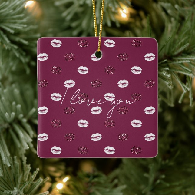 Burgundy Pink Red Glitter White Kisses Lips     Ceramic Ornament (Tree)