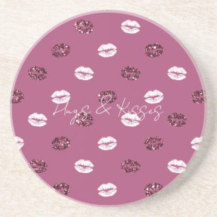 Burgundy Pink Red Glitter White Kisses Lips Coaster