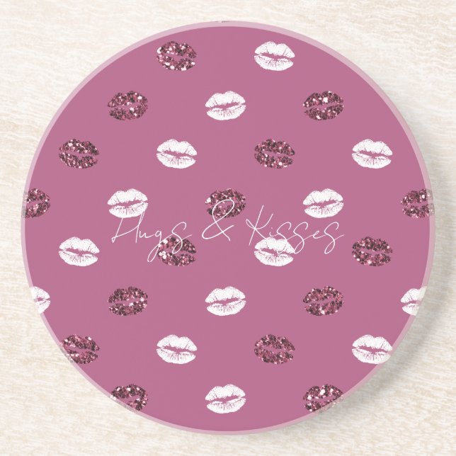 Burgundy Pink Red Glitter White Kisses Lips Coaster (Front)