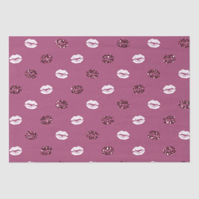Burgundy Pink Red Glitter White Kisses Lips Tissue Paper (Front)
