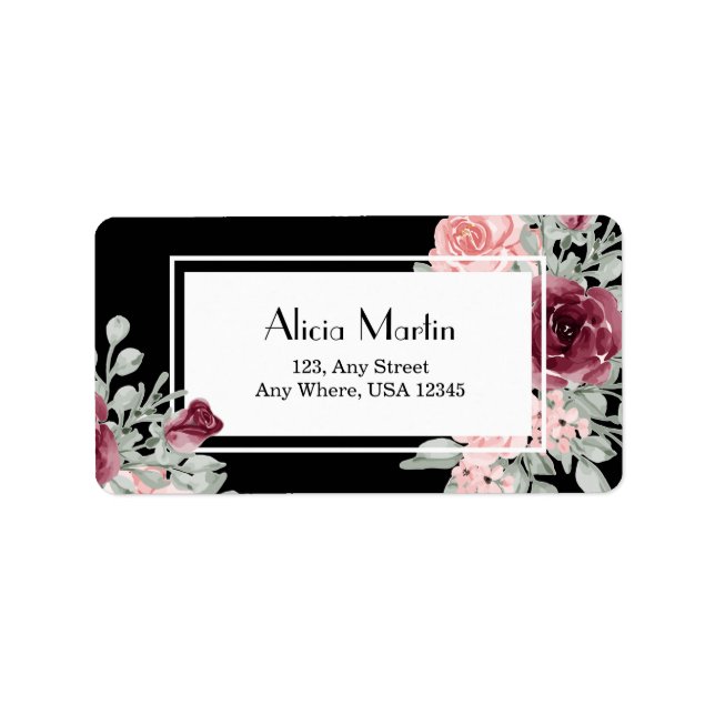 Burgundy Pink Rose Black Birthday Return Address Label (Front)