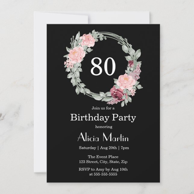 Burgundy Pink Rose Elegant Flora 80th Birthday  Invitation (Front)