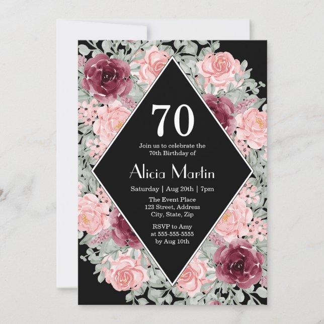 Burgundy Pink Rose Flora Black 70th Birthday Invitation (Front)