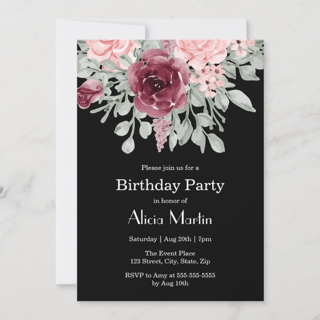 Burgundy Pink Rose Flora Black Birthday Party Invitation (Front)