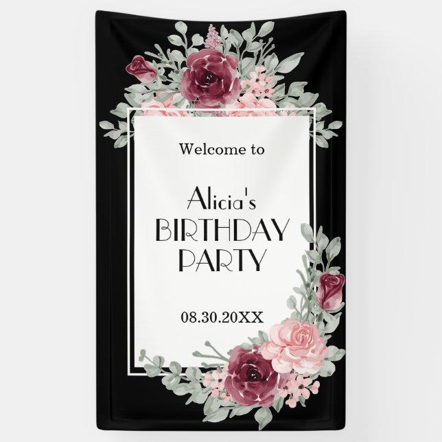 Burgundy Pink Rose Flora Black Happy Birthday Banner (Vertical)