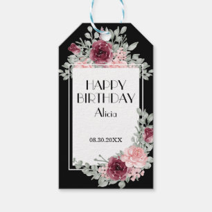 Burgundy Pink Rose Flora Black Happy Birthday Gift Tags