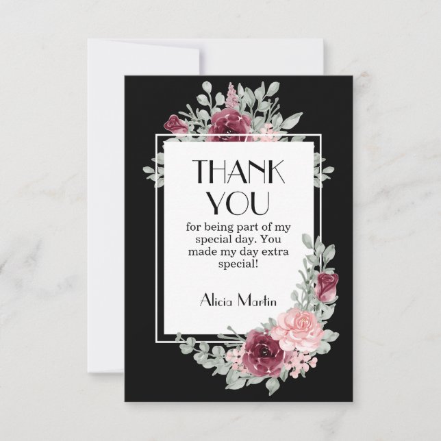Burgundy Pink Rose Flora Black Thank You Card (Front)