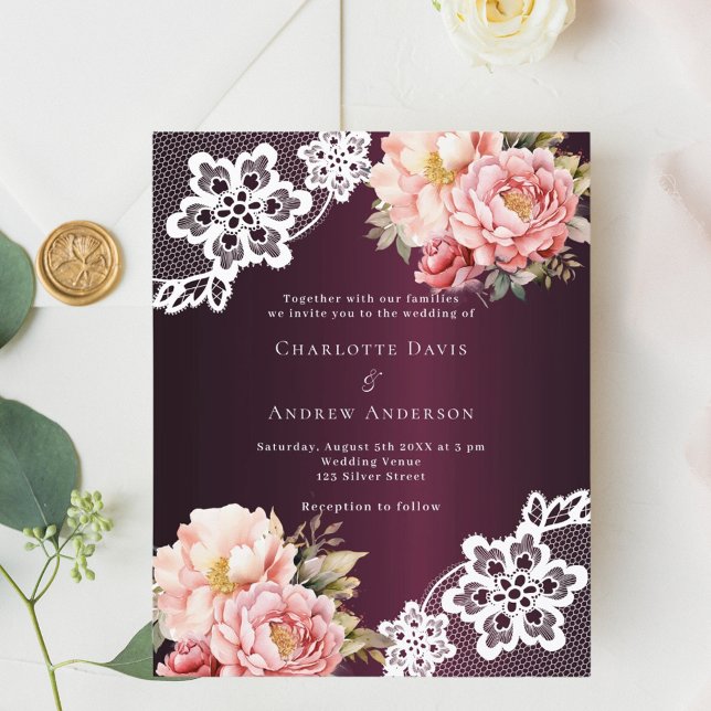 Burgundy pink rose floral lace wedding invitation (Creator Uploaded)
