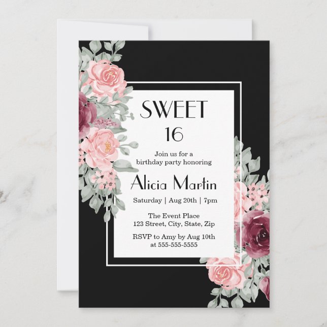 Burgundy Pink Rose Flower Sweet 16 Black Birthday Invitation (Front)