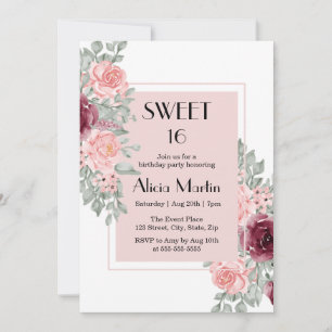 Burgundy Pink Rose Flower Sweet 16 White Birthday Invitation