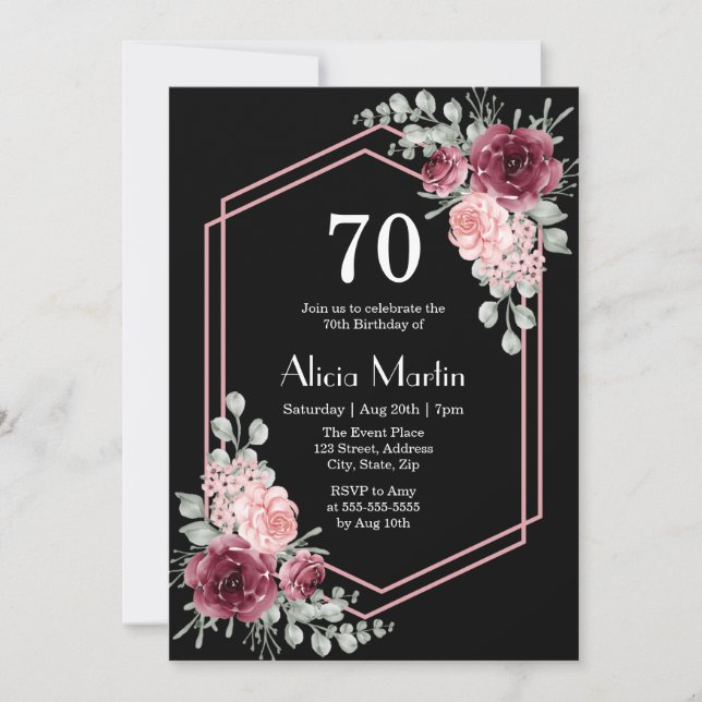 Burgundy Pink Rose Greenery Elegant Flora Birthday Invitation (Front)