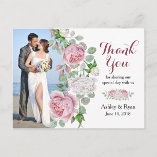 Burgundy Pink Rose Photo Wedding Thank You Postcard