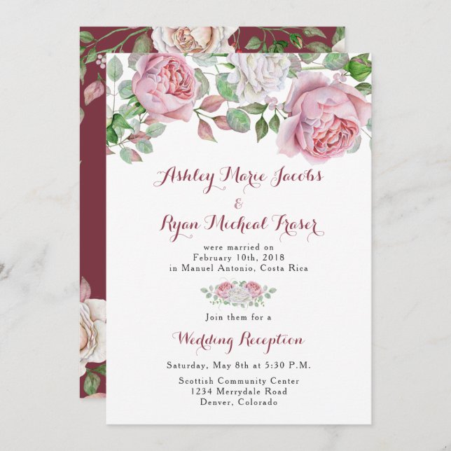 Burgundy Pink Rose Post Wedding Reception Only Invitation (Front/Back)