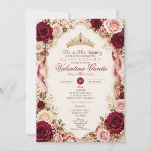Burgundy Pink Rose Quinceañera Invitation