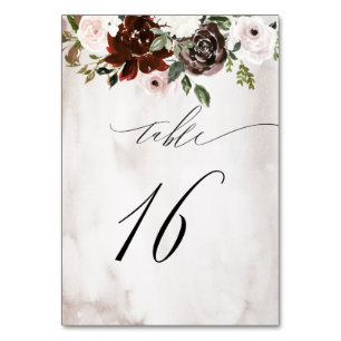 Burgundy Pink Rose Watercolor Floral No 16 Wedding Table Number