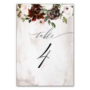 Burgundy Pink Rose Watercolor Floral No 4 Wedding Table Number