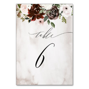 Burgundy Pink Rose Watercolor Floral No 6 Wedding Table Number