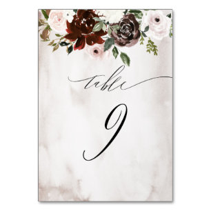 Burgundy Pink Rose Watercolor Floral No 9 Wedding Table Number