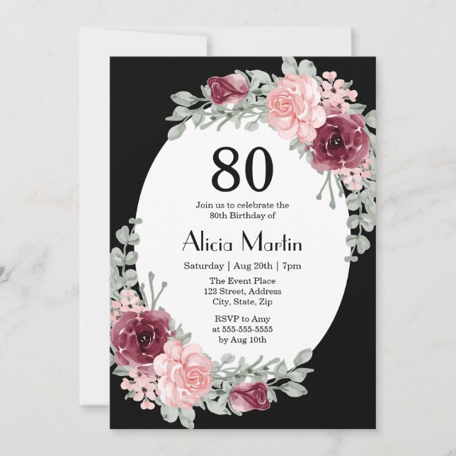 Burgundy Pink Roses 80th Birthday Black Invitation (Front)