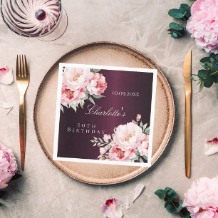 Burgundy pink roses florals elegant birthday napkin