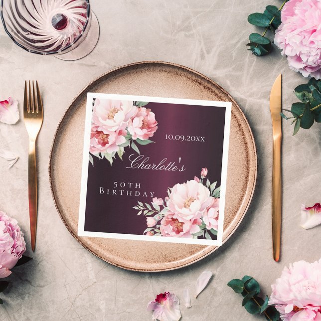 Burgundy pink roses florals elegant birthday napkin (Creator Uploaded)