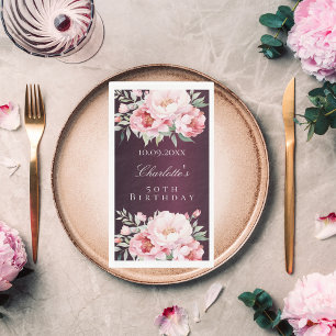 Burgundy pink roses florals elegant birthday napkin