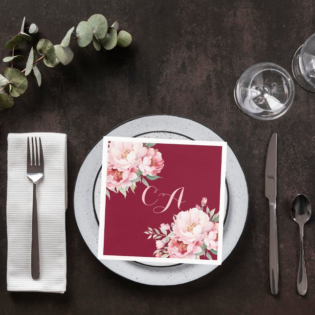 Burgundy pink roses florals monogram birthday napkin (Creator Uploaded)
