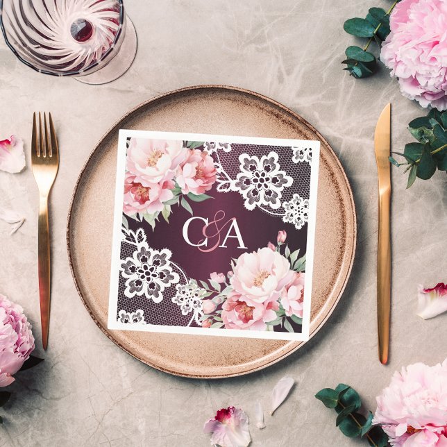 Burgundy pink roses florals monogram wedding napkin (Creator Uploaded)