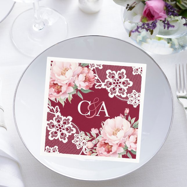Burgundy pink roses florals monogram wedding napkin (Creator Uploaded)