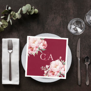 Burgundy pink roses florals monogram wedding napkin